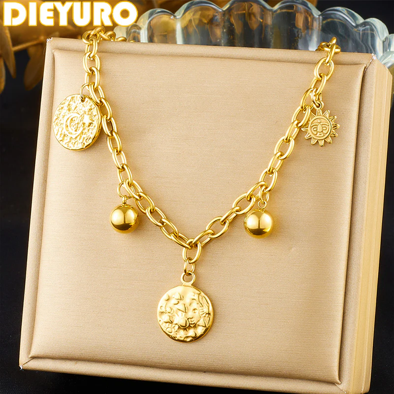 Chunky Gold Chain Necklace with Coin & Bead Charms - Image 2