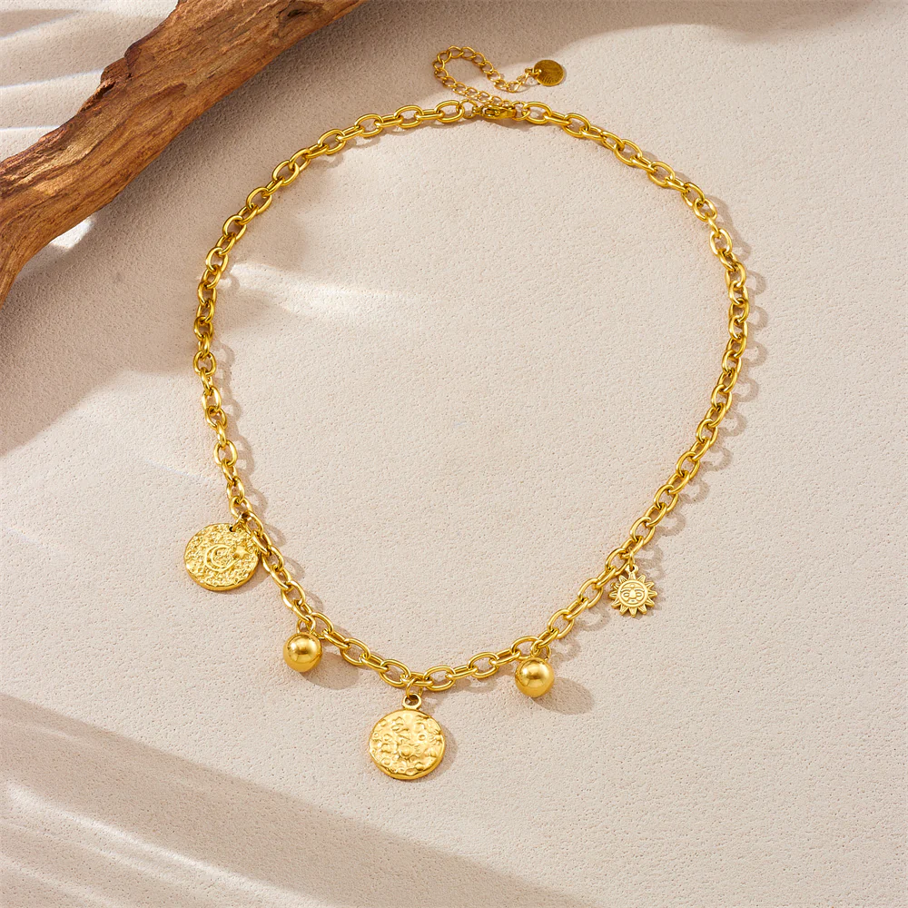Chunky Gold Chain Necklace with Coin & Bead Charms - Image 3