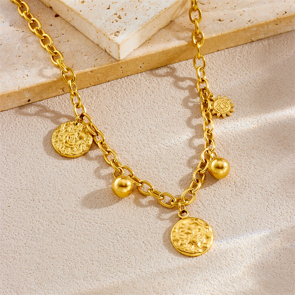Chunky Gold Chain Necklace with Coin & Bead Charms - Image 4