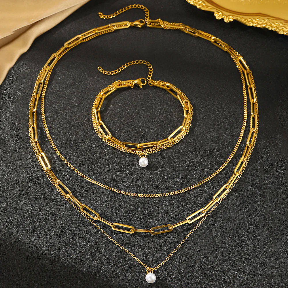 Chunky Link & Pearl Pendant Jewelry Set - Image 4