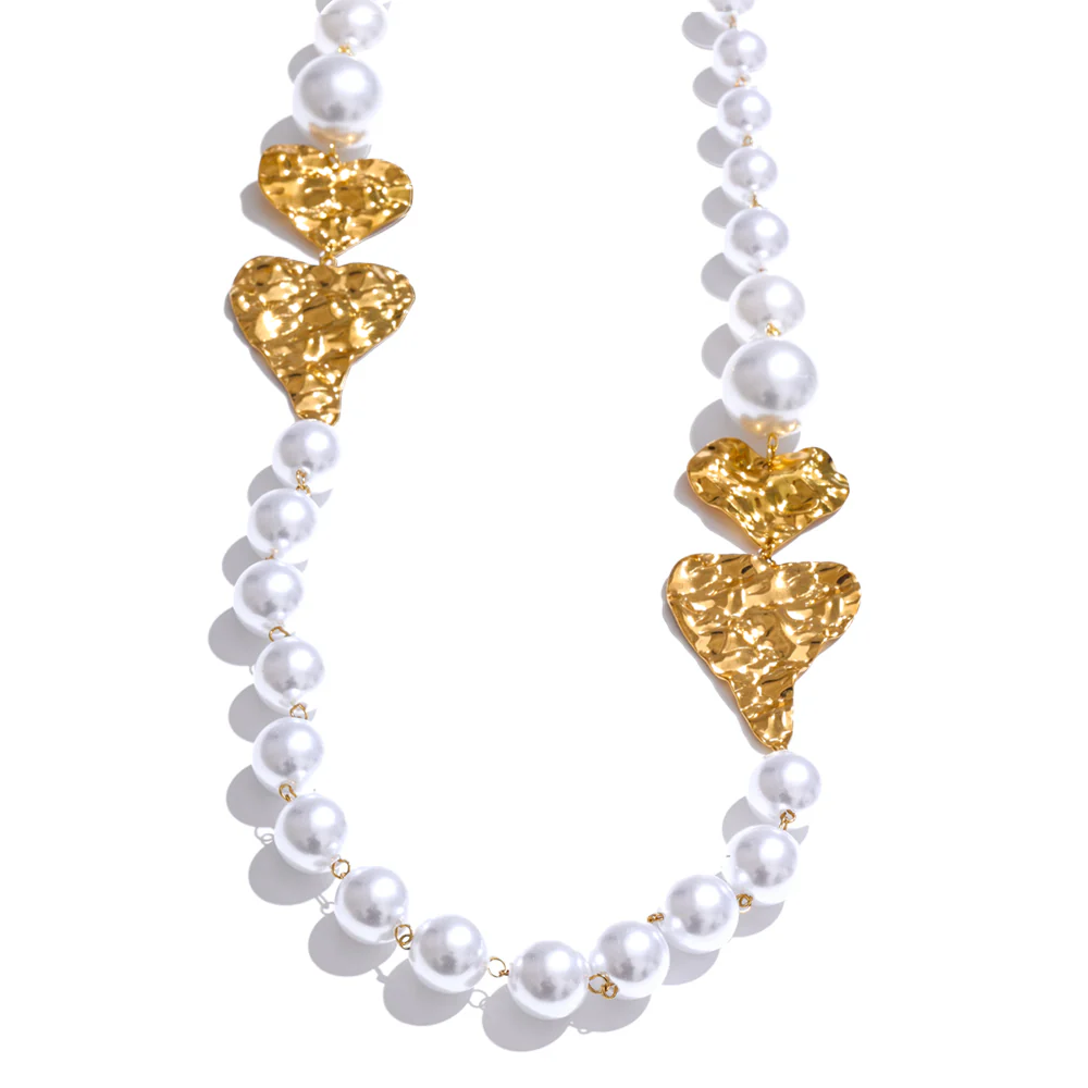Chunky Pearl & Gold Heart Statement Necklace - Image 2