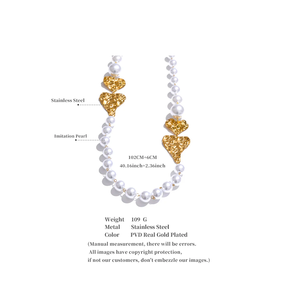 Chunky Pearl & Gold Heart Statement Necklace - Image 3