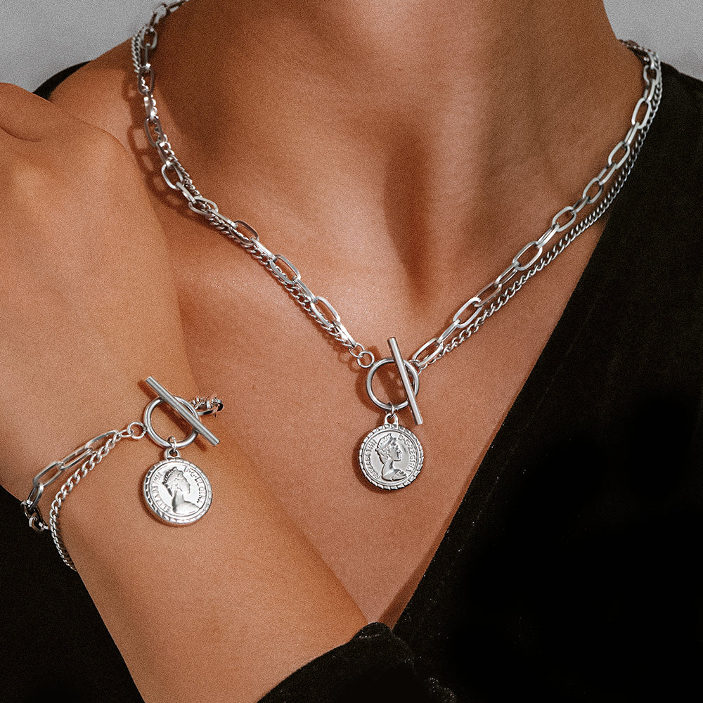 Coin Pendant Chain Necklace & Bracelet Set - Image 2