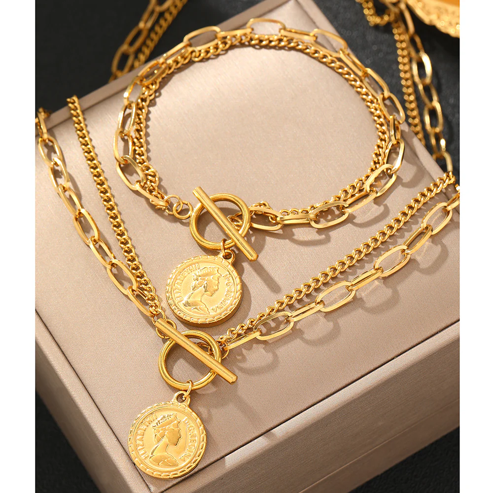 Coin Pendant Chain Necklace & Bracelet Set - Image 3
