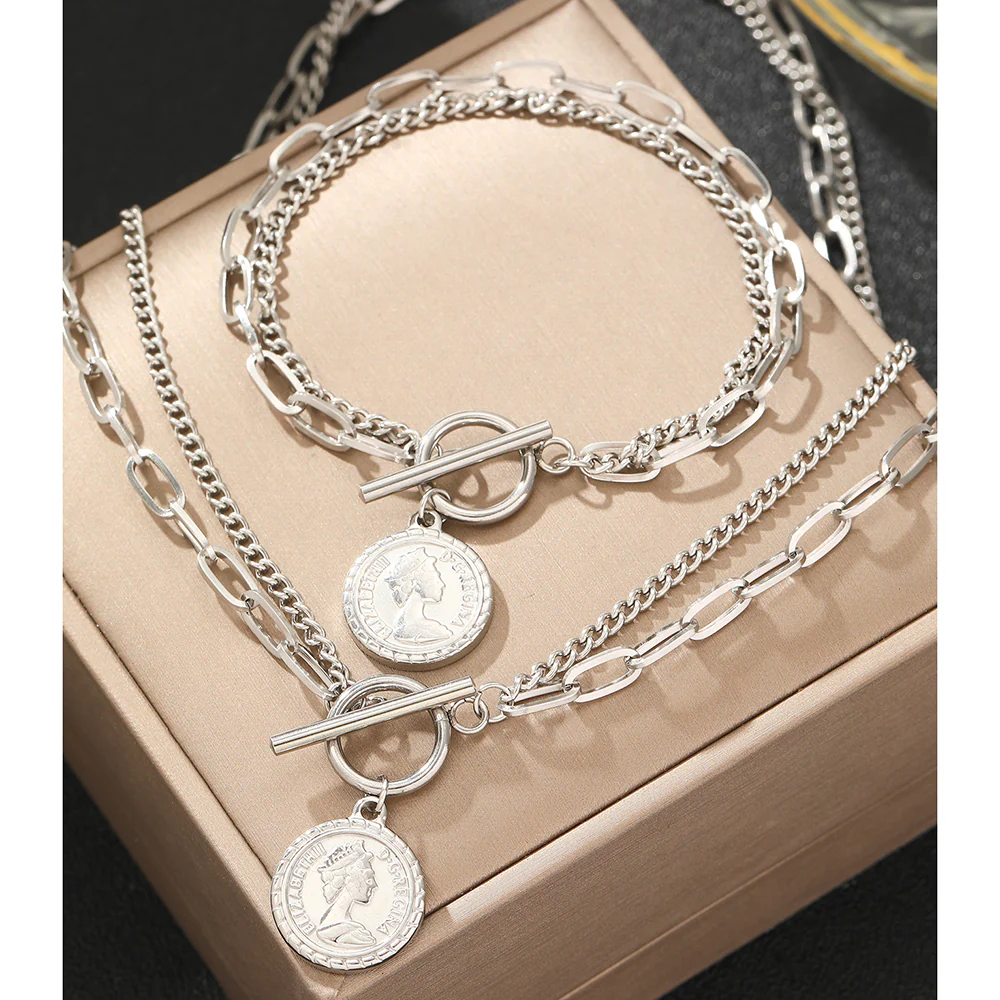 Coin Pendant Chain Necklace & Bracelet Set - Image 4