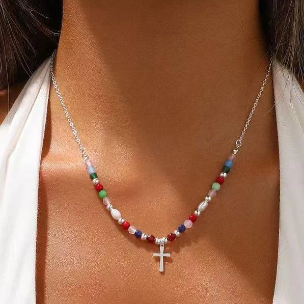 Colorful Beaded Cross Necklace - Image 3
