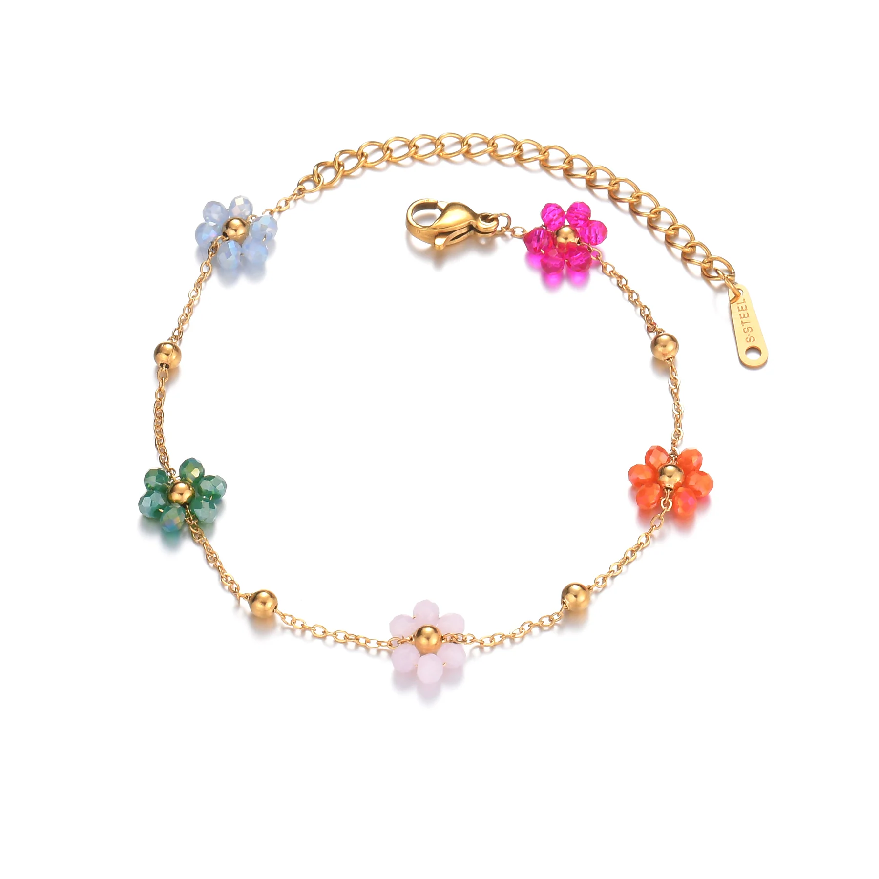 Colorful Beaded Flower Chain Bracelet - Image 2