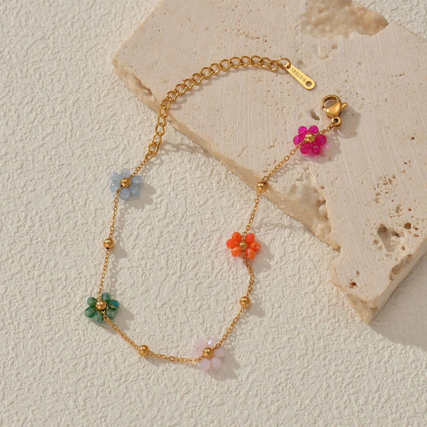 Colorful Beaded Flower Chain Bracelet - Image 4