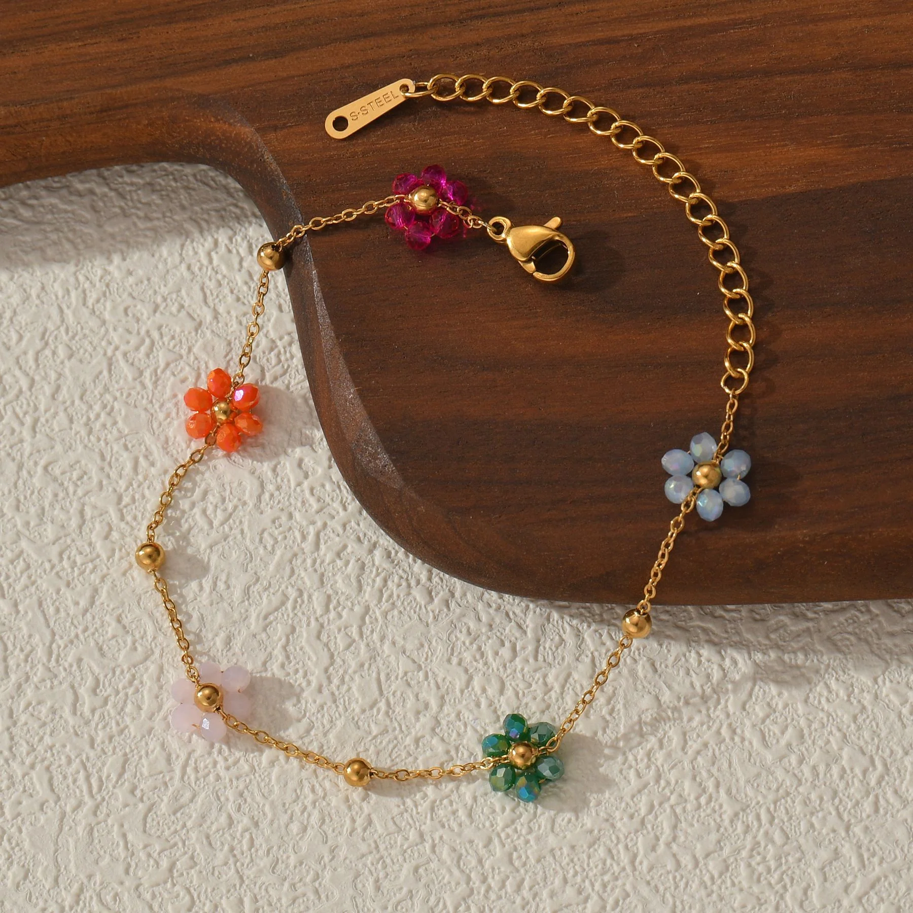 Colorful Beaded Flower Chain Bracelet - Image 5