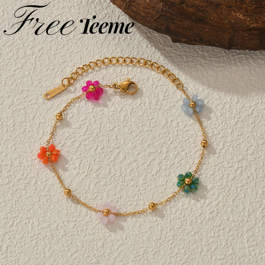 Colorful Beaded Flower Chain Bracelet - Image 7