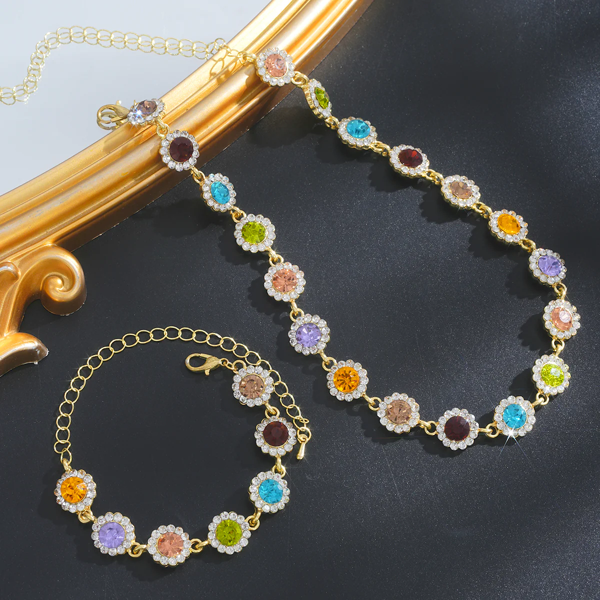 Colorful Crystal Halo Necklace & Bracelet Set - Image 3