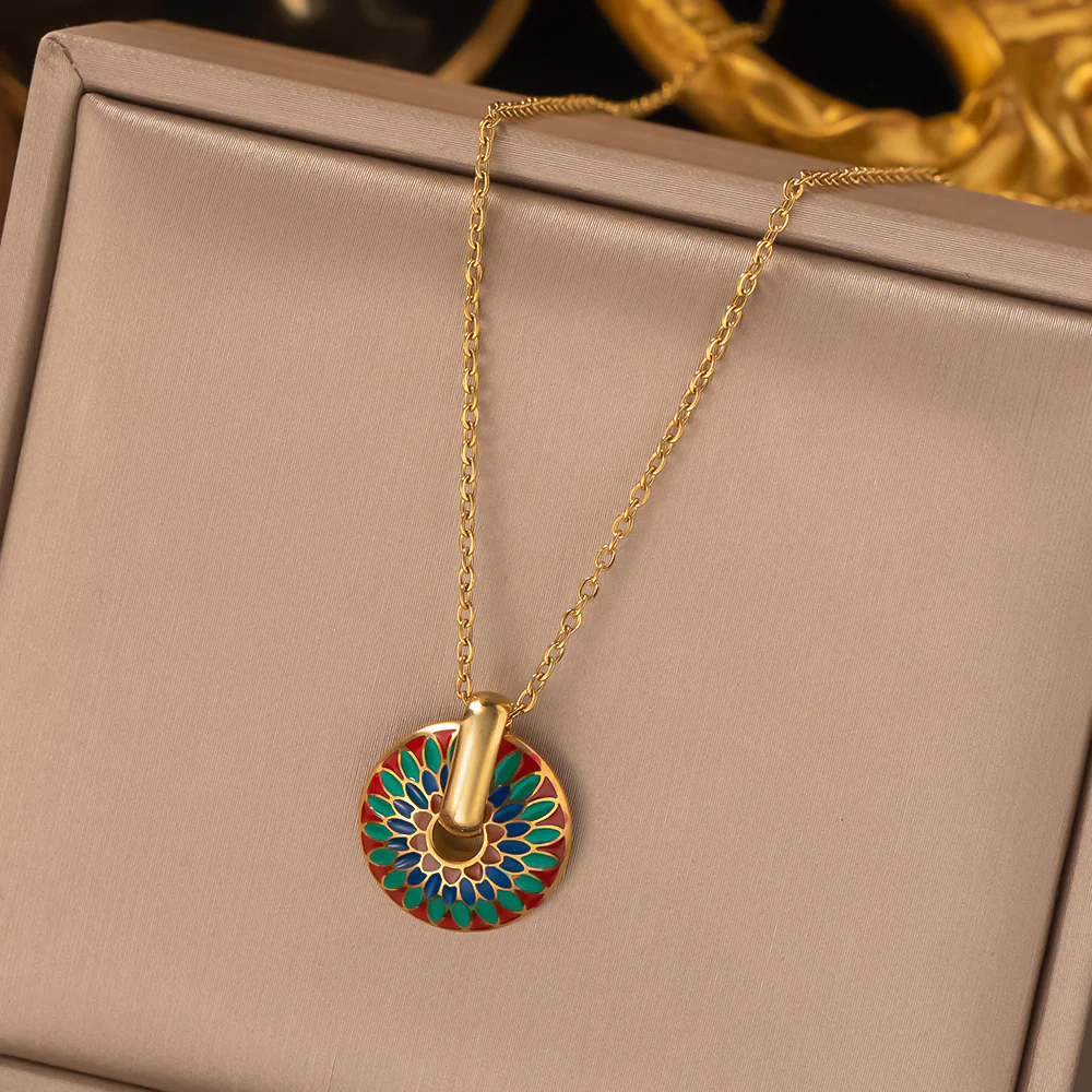 Colorful Enamel Medallion Necklace & Hoop Earrings Set - Image 2