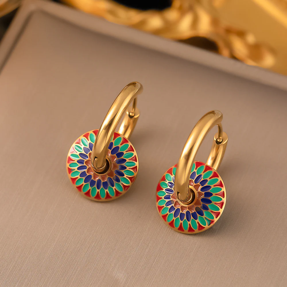 Colorful Enamel Medallion Necklace & Hoop Earrings Set - Image 3