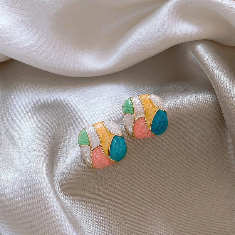 Colorful Enamel Square Stud Earrings - Image 2