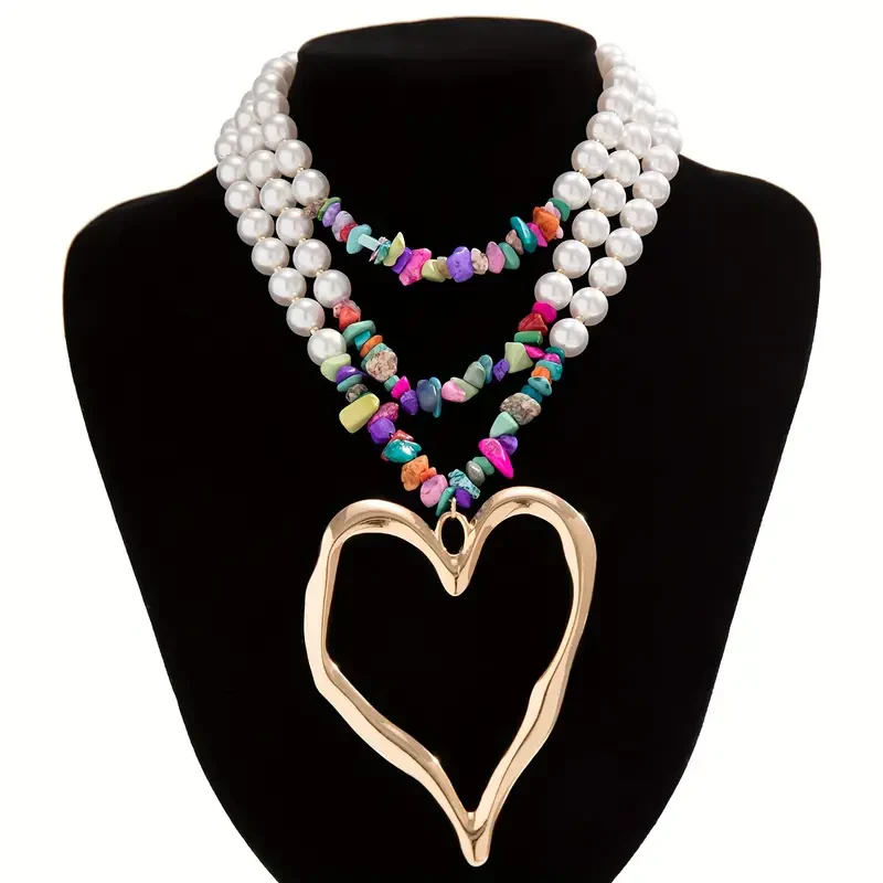 3pc Colorful Pearl Heart Shaped Layered Necklace - Image 10