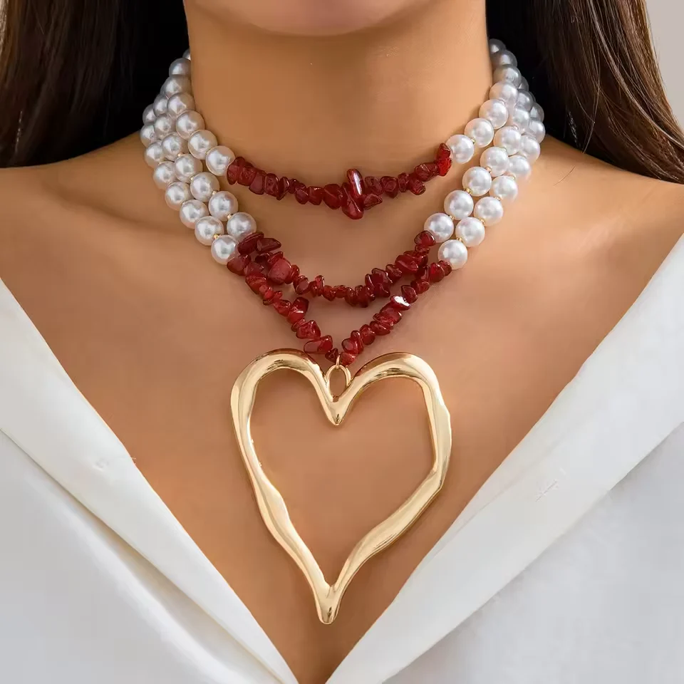 3pc Colorful Pearl Heart Shaped Layered Necklace - Image 3