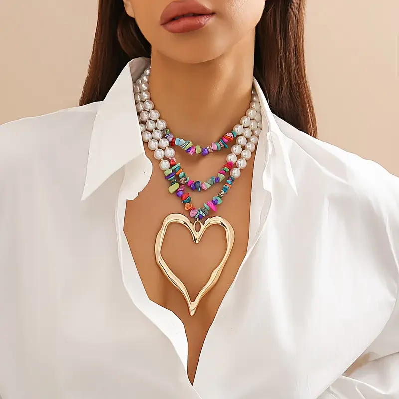 3pc Colorful Pearl Heart Shaped Layered Necklace - Image 4