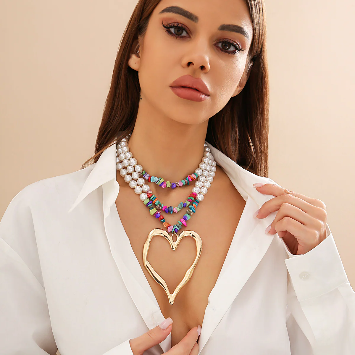 3pc Colorful Pearl Heart Shaped Layered Necklace - Image 5