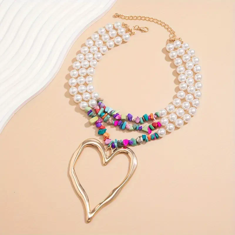 3pc Colorful Pearl Heart Shaped Layered Necklace - Image 6