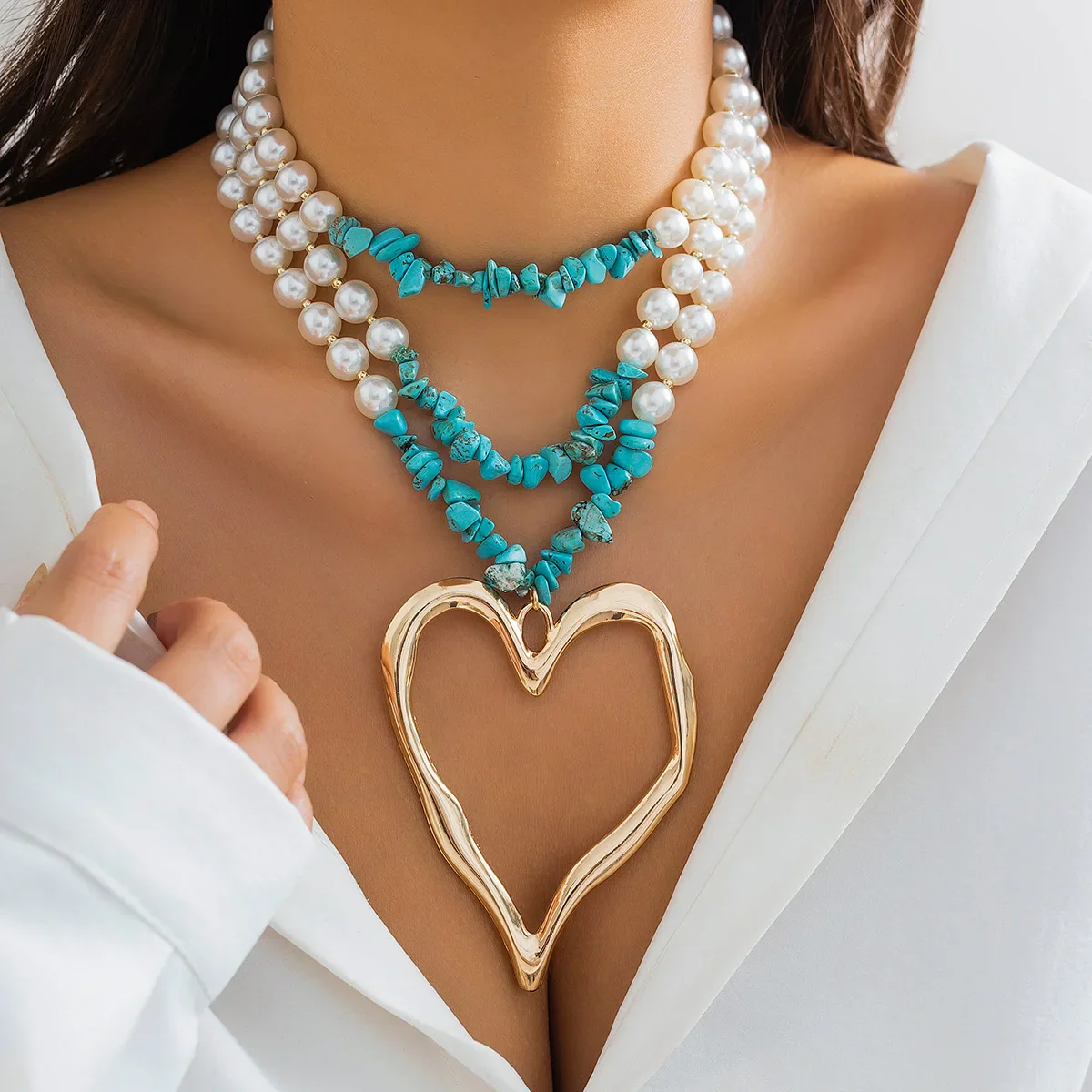 3pc Colorful Pearl Heart Shaped Layered Necklace - Image 8
