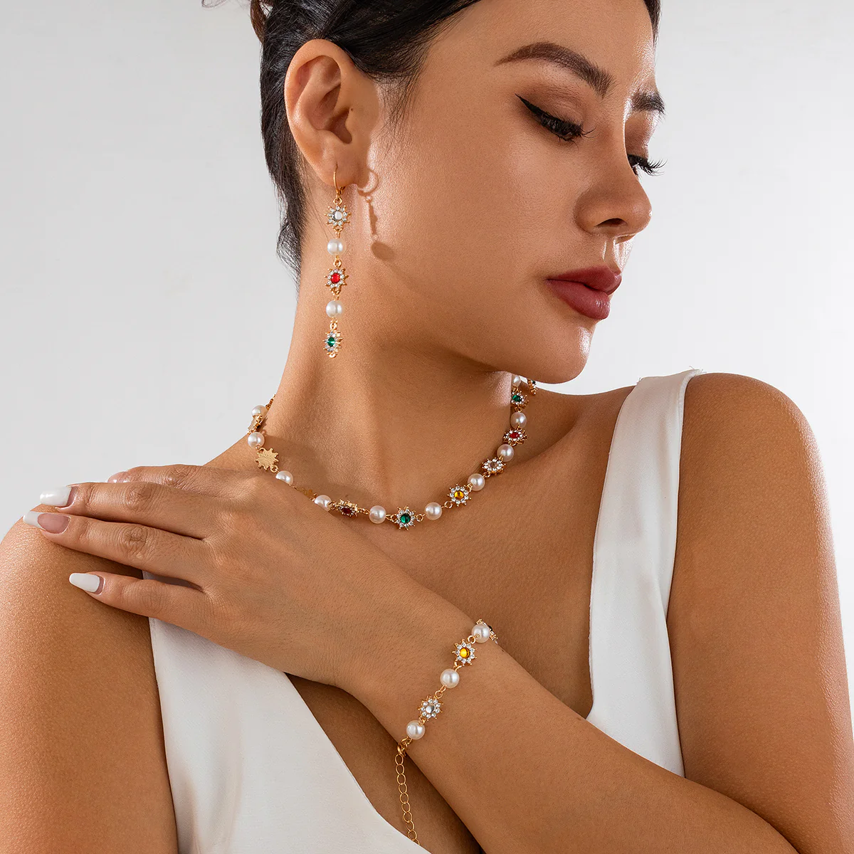 Colorful Rhinestone & Pearl Jewelry Set