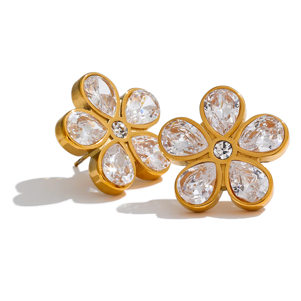 Crystal Petal Flower Stud Earrings - Image 2