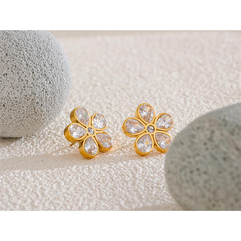 Crystal Petal Flower Stud Earrings - Image 3