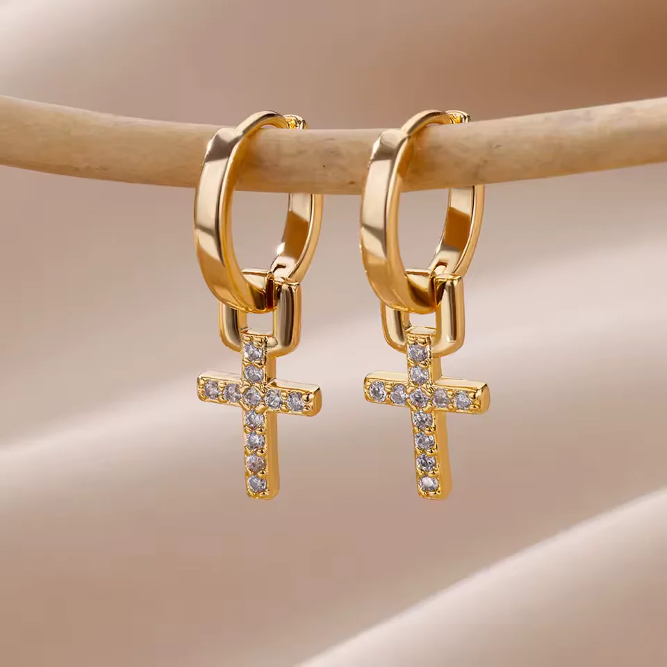 Dainty Cross Drop Earrings - Image 3