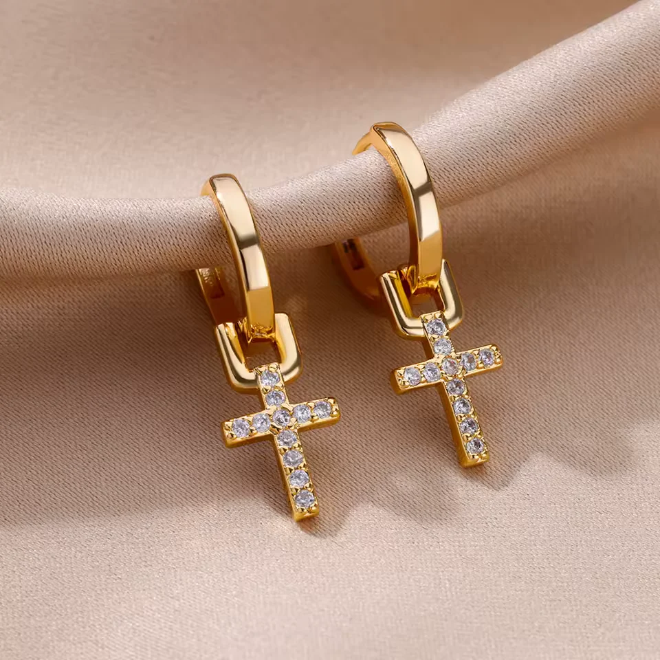 Dainty Cross Drop Earrings - Image 4