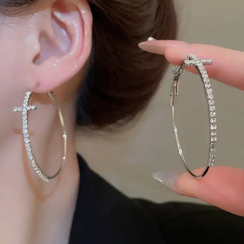 Dainty Cross Hoop Earrings - Image 2