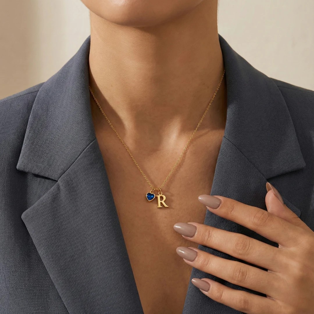 Dainty Initial Heart Birthstone Necklace - Image 2