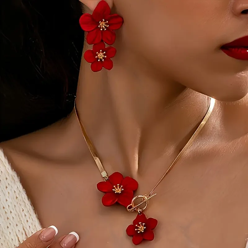 Elegant Flower Necklace & Earrings Set - Image 2