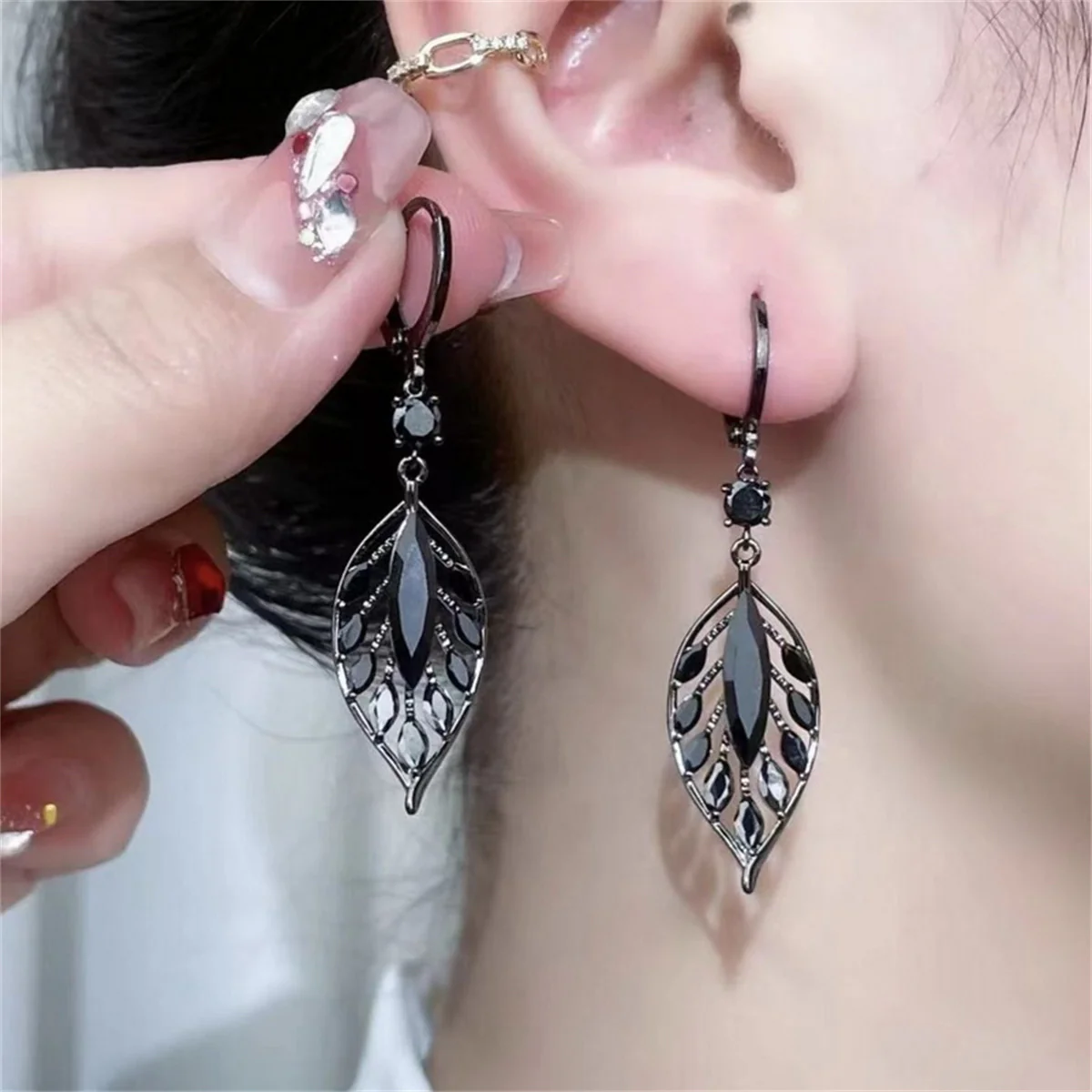 Emerald Leaf Drop Earrings - Image 2