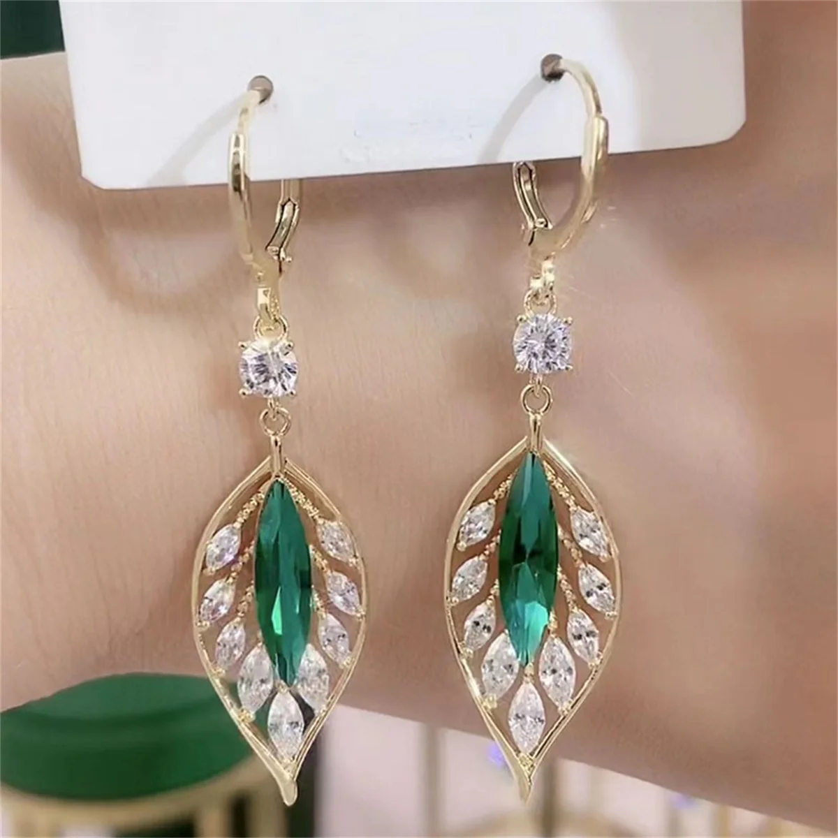Emerald Leaf Drop Earrings - Image 4