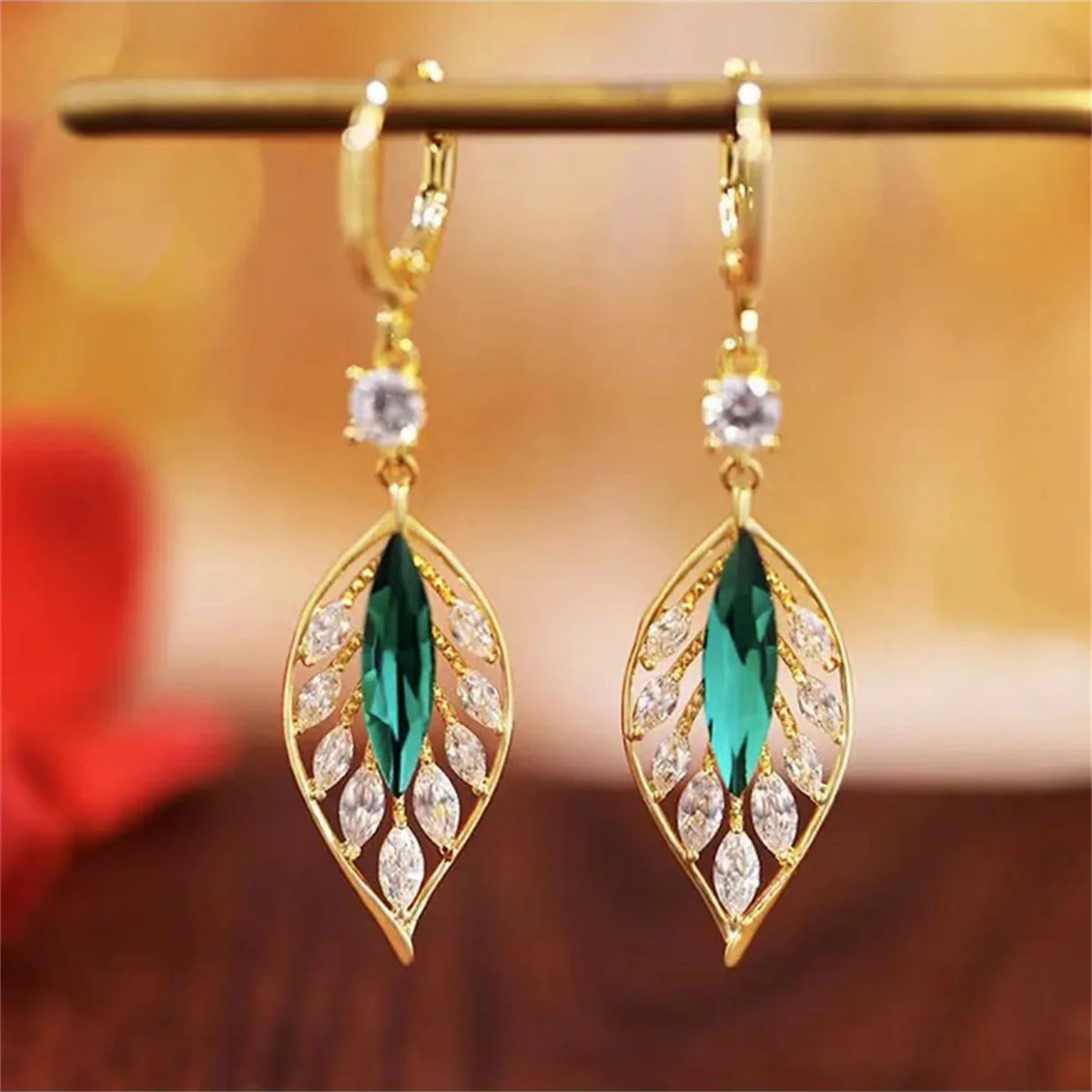 Emerald Leaf Drop Earrings - Image 5