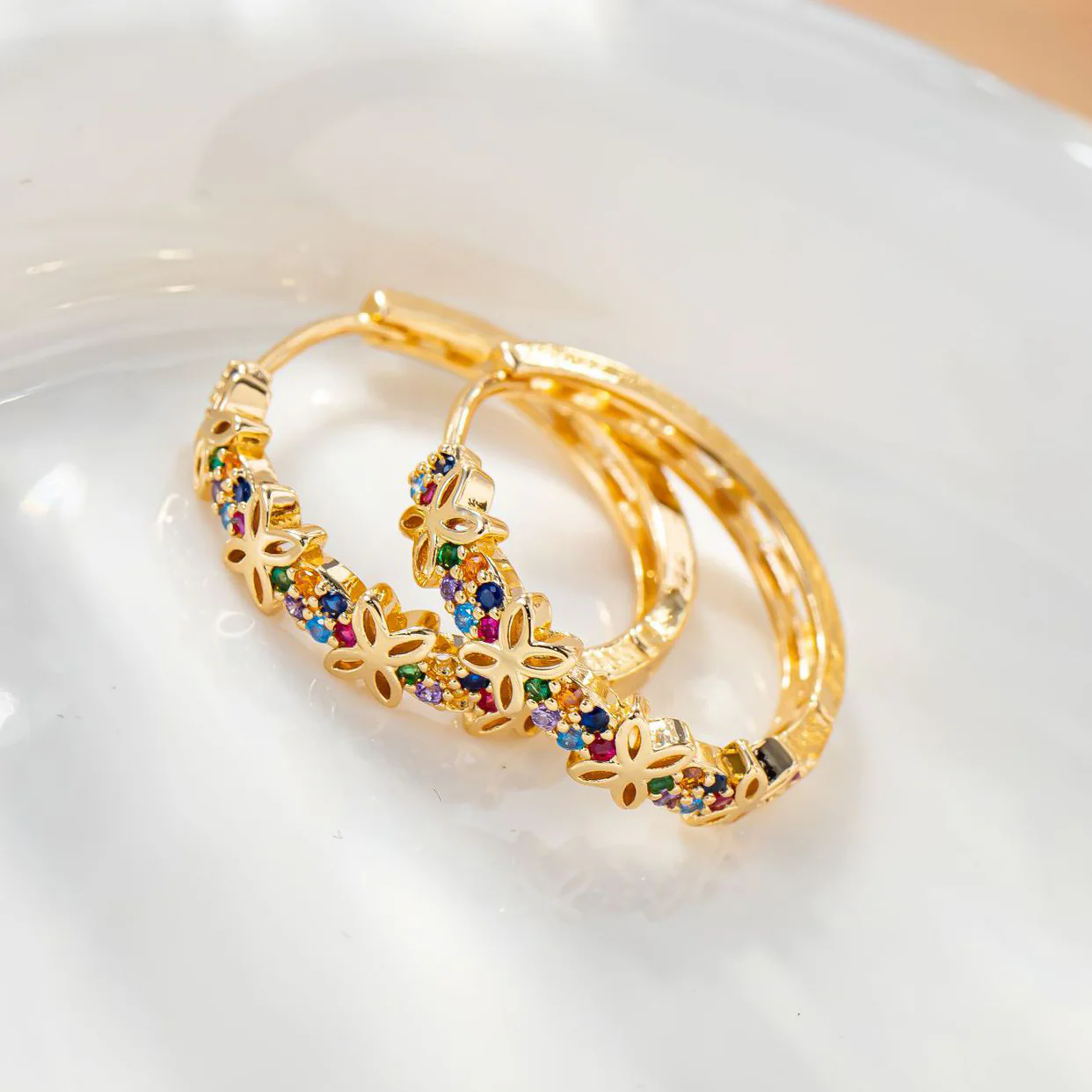 Floral Crystal Hoop Earrings - Image 3