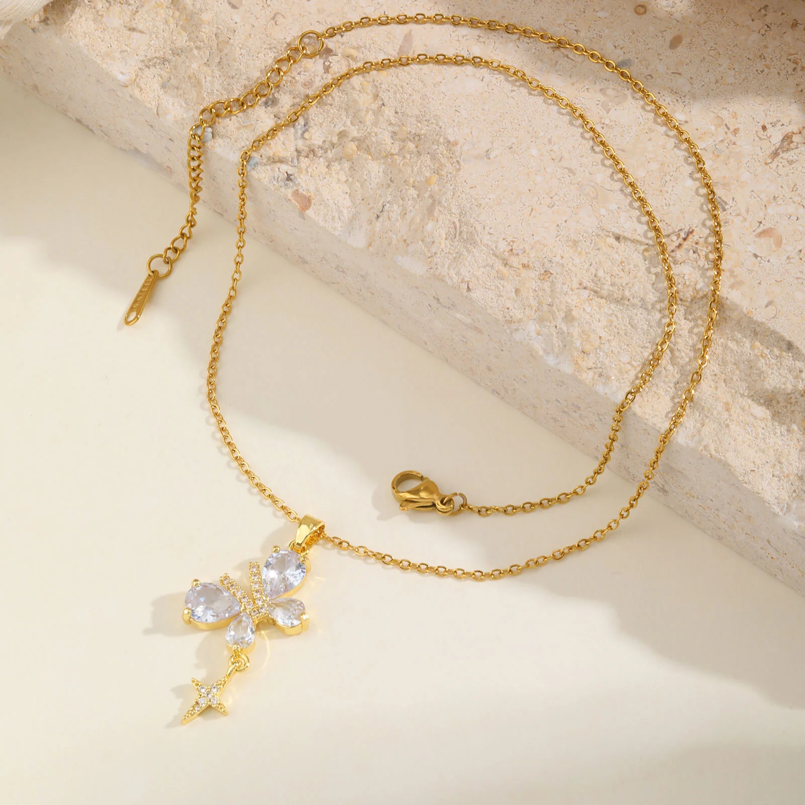 Gold Butterfly Flower Pendant Necklace - Image 2