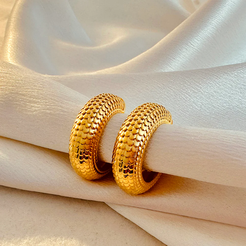 Gold Fish Scale C-Hoop Earrings - Image 2