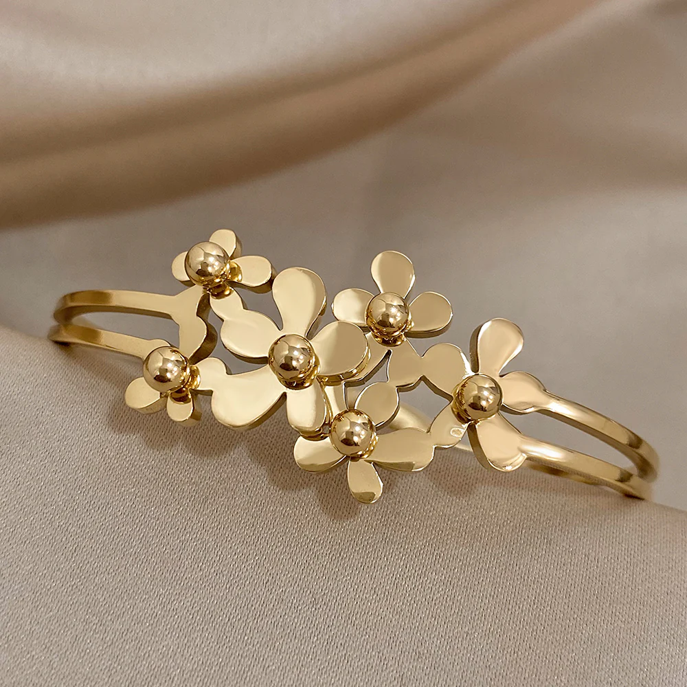 Gold Floral Cluster Bangle Bracelet - Image 2