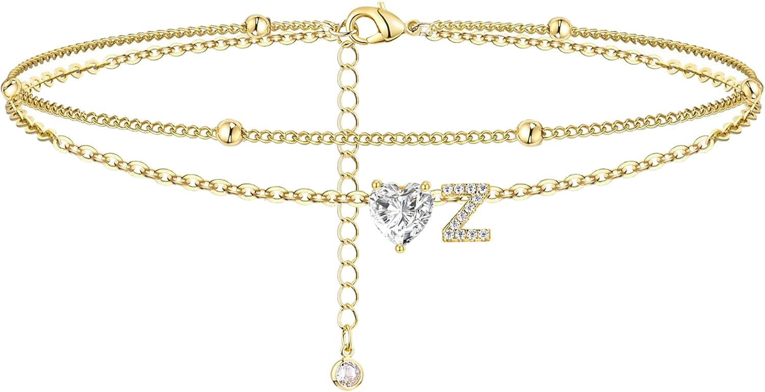 Gold Heart Charm Initial Anklet - Image 11