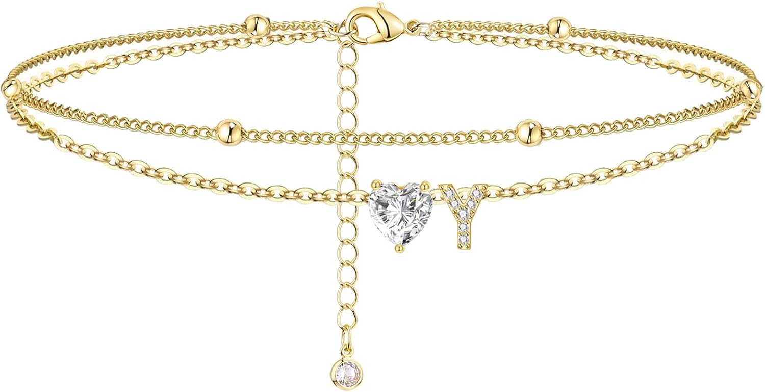 Gold Heart Charm Initial Anklet - Image 12