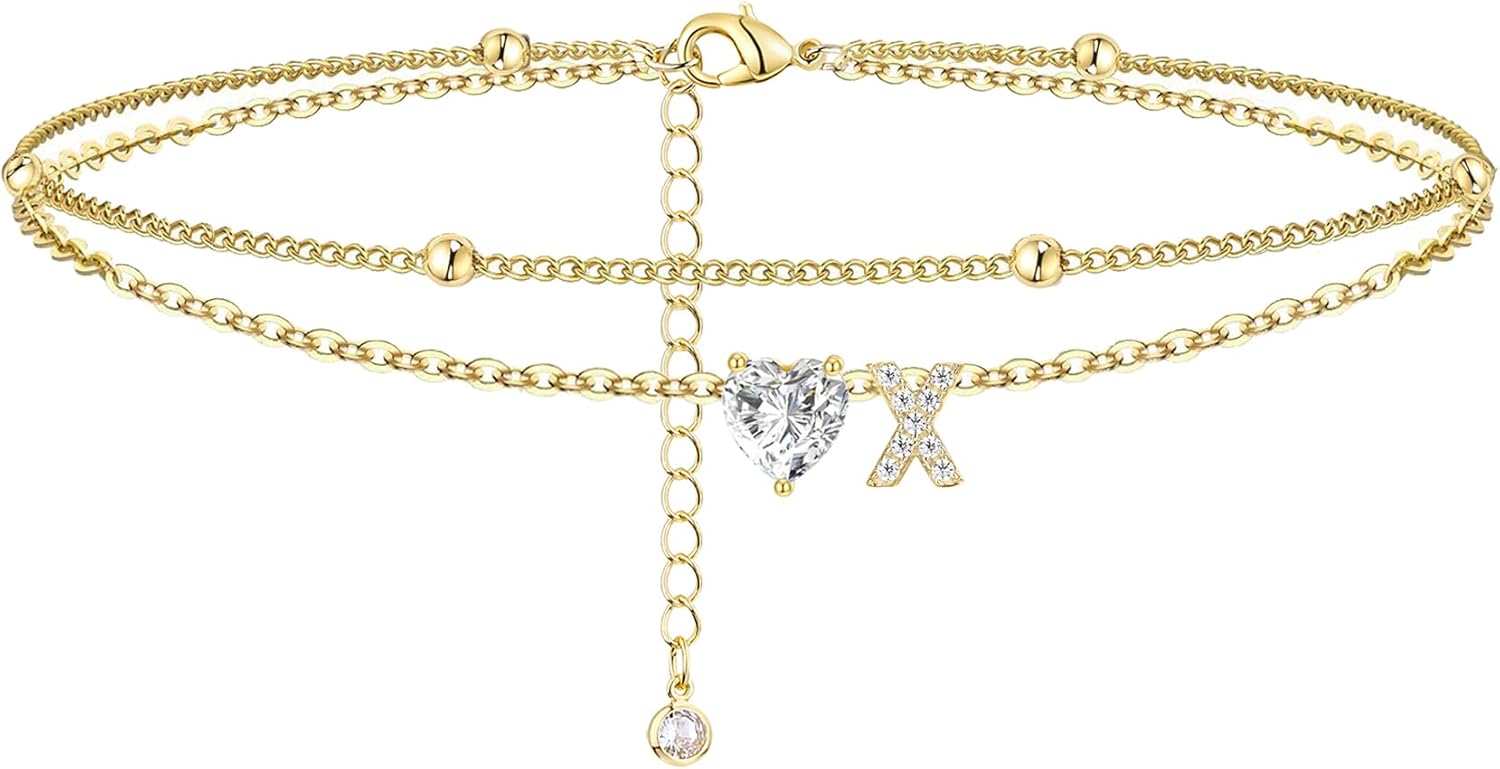 Gold Heart Charm Initial Anklet - Image 13