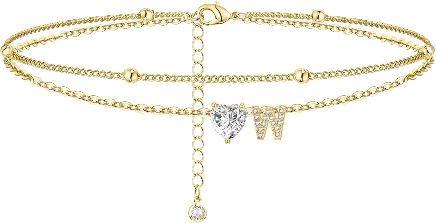 Gold Heart Charm Initial Anklet - Image 14