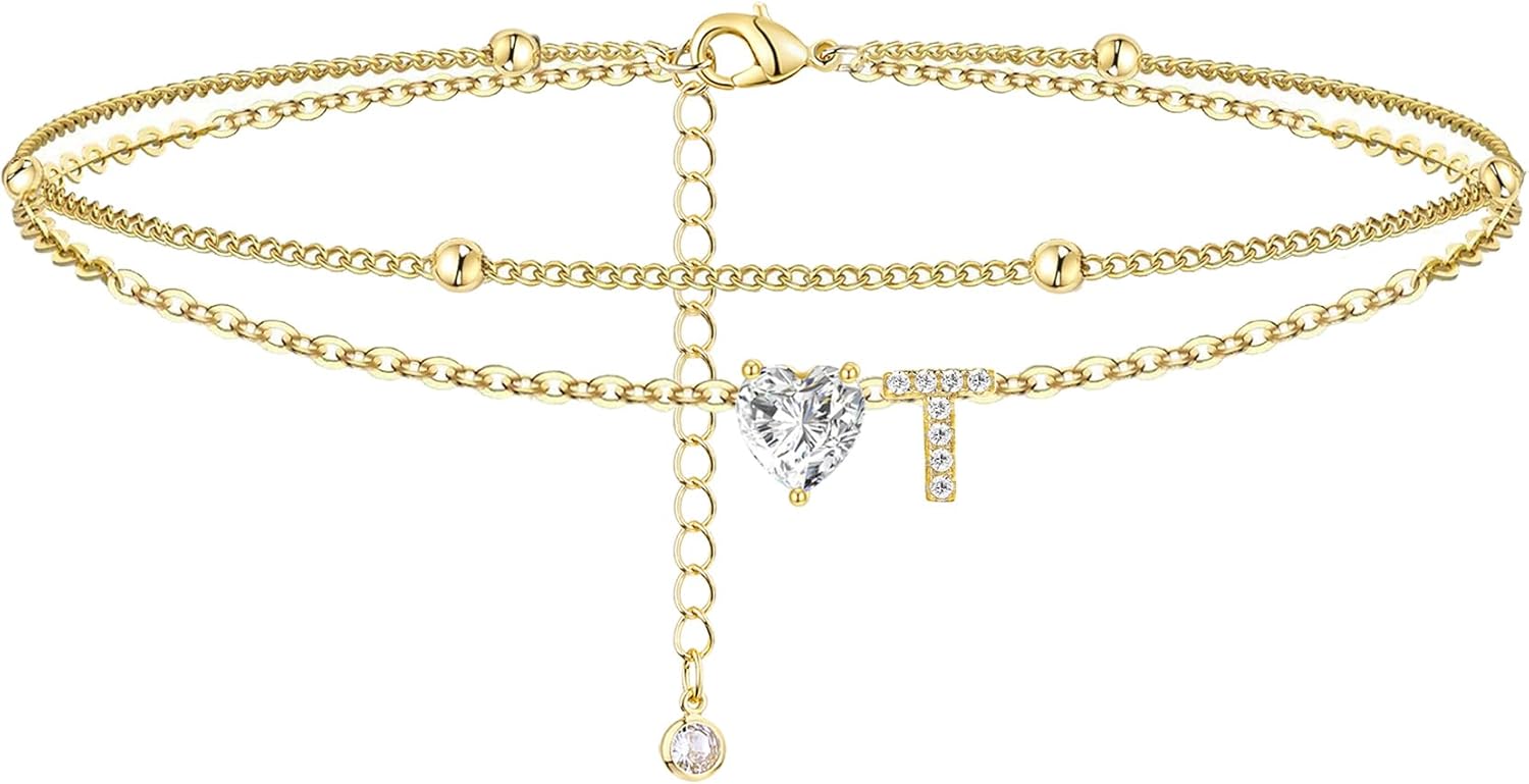 Gold Heart Charm Initial Anklet - Image 17