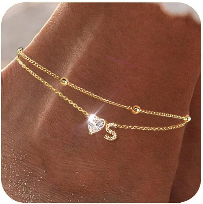 Gold Heart Charm Initial Anklet - Image 18