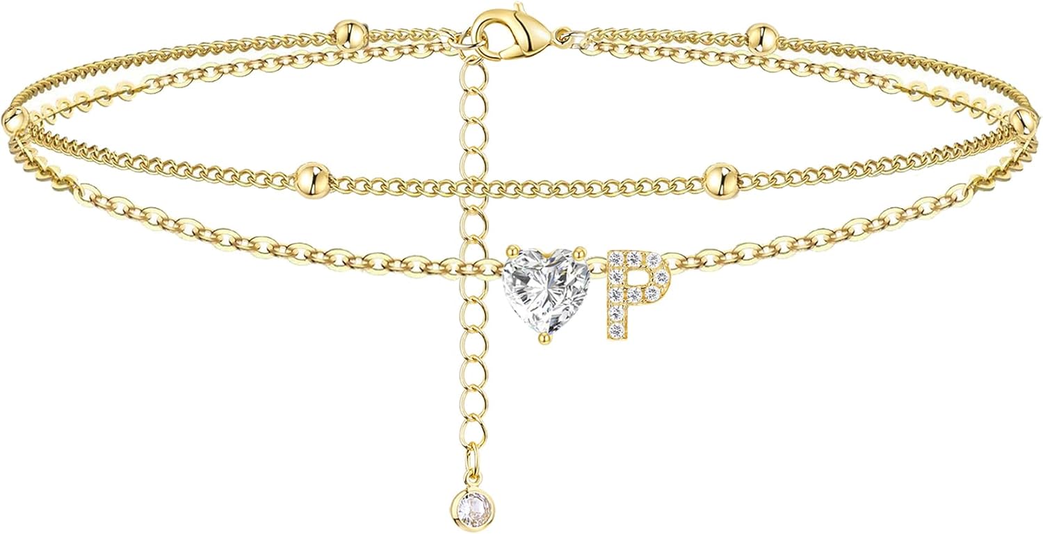Gold Heart Charm Initial Anklet - Image 21