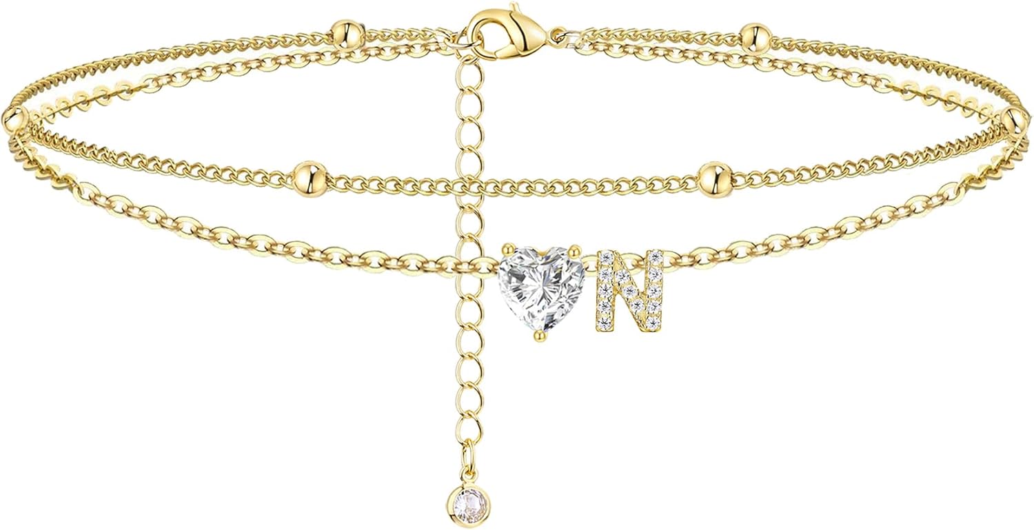 Gold Heart Charm Initial Anklet - Image 23