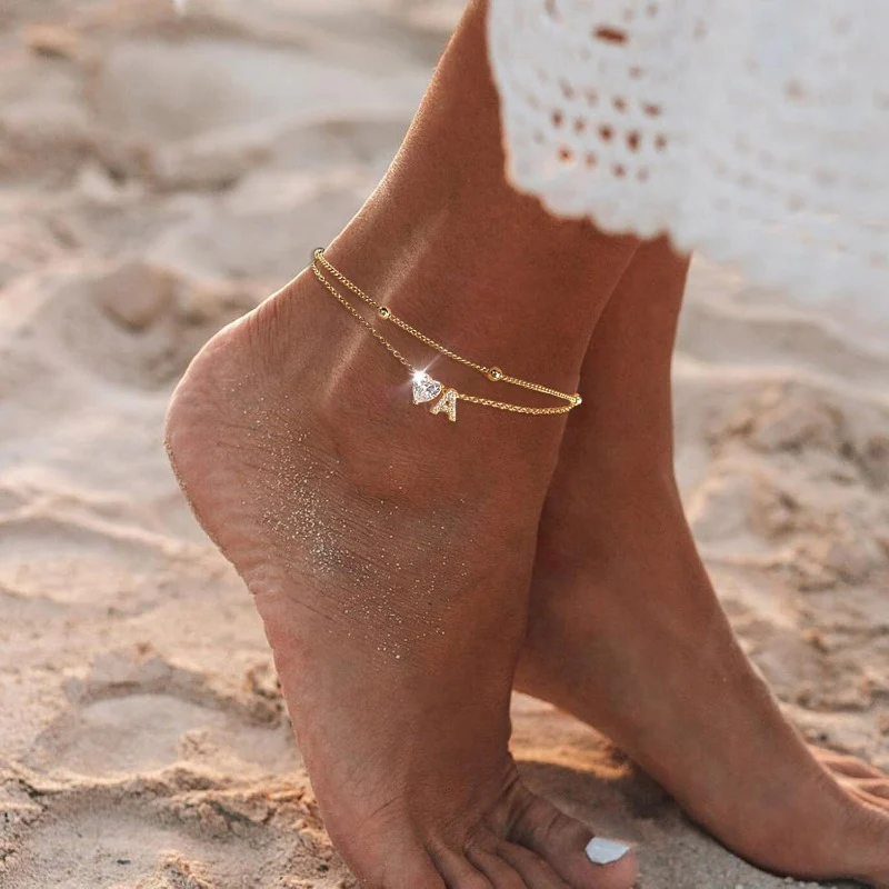 Gold Heart Charm Initial Anklet - Image 28