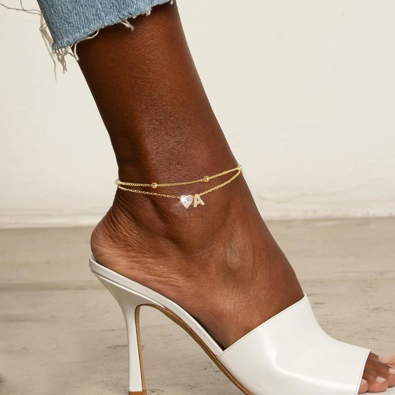 Gold Heart Charm Initial Anklet - Image 29