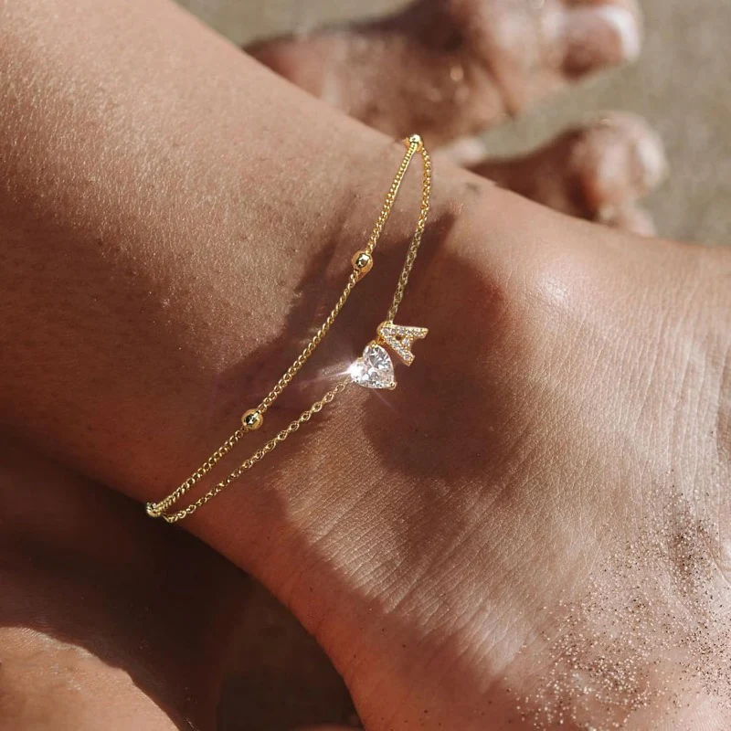 Gold Heart Charm Initial Anklet - Image 30